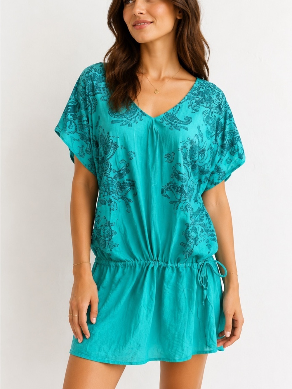 PrAna Teal Paisley Organic Cotton Drawstring Tunic Dress | XL | Boho Beach